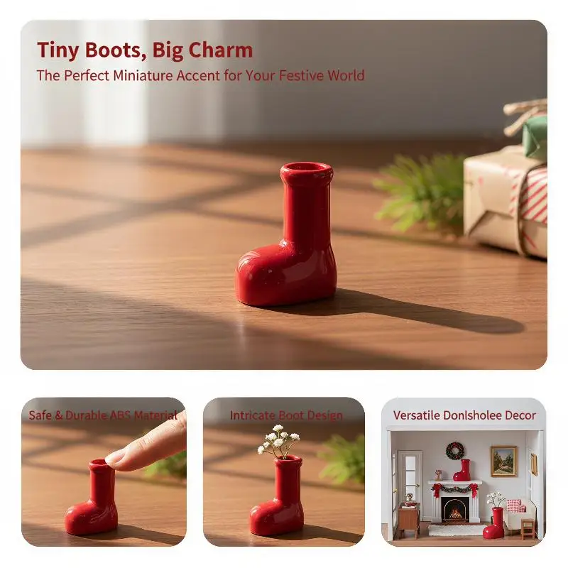 New！Miniature Christmas Little Red Boots Rubber Vase Creative Dollhouse Desktop Flower Arrangement Accessories Toys