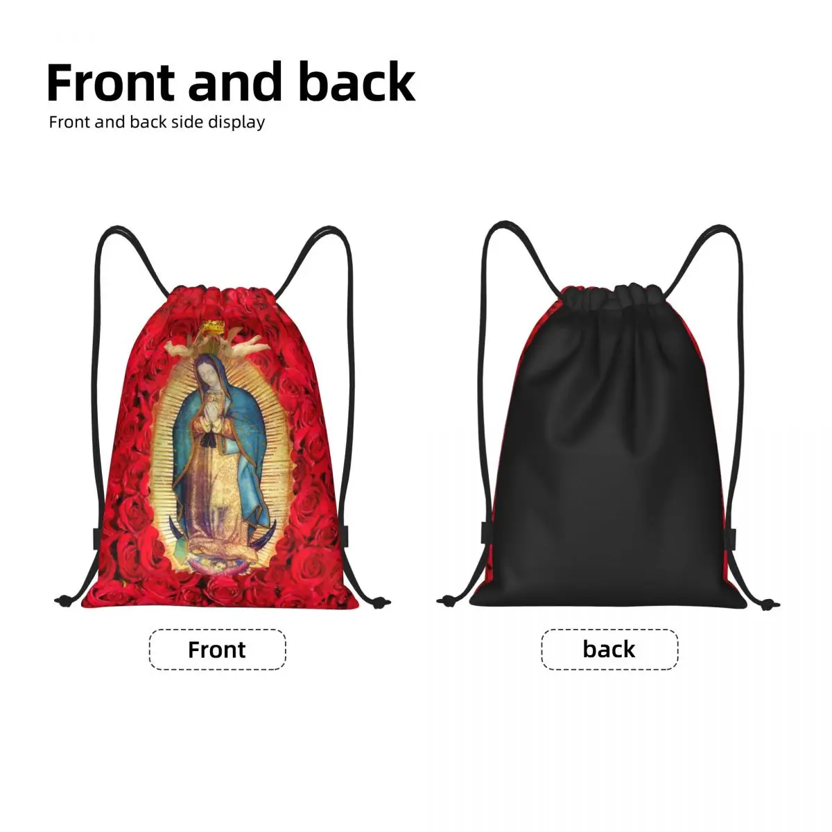 Virgin Mary Drawstring Bolsas com flores para homens e mulheres, portátil Sports Gym Sackpack, Catholic Shopping Storage Backpacks, Guadalupe