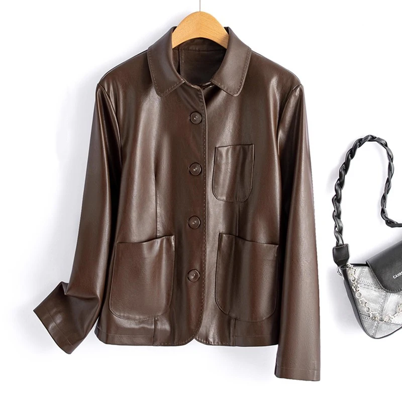 

New Women Split Leather Casual Jacket Spring Autumn Fashion Single Breasted Simplicity Loose Leather Coat Biker Jacket Female