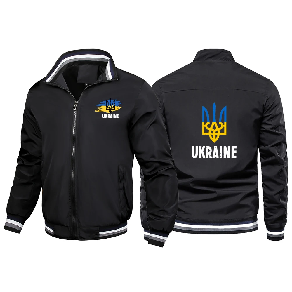 Ukraine Dreizack Frühling Herbst Herren Langarm Stehkragen Gestreifte Reißverschlussjacke Ukrainisches patriotisches Grafikdesign Freizeitmantel