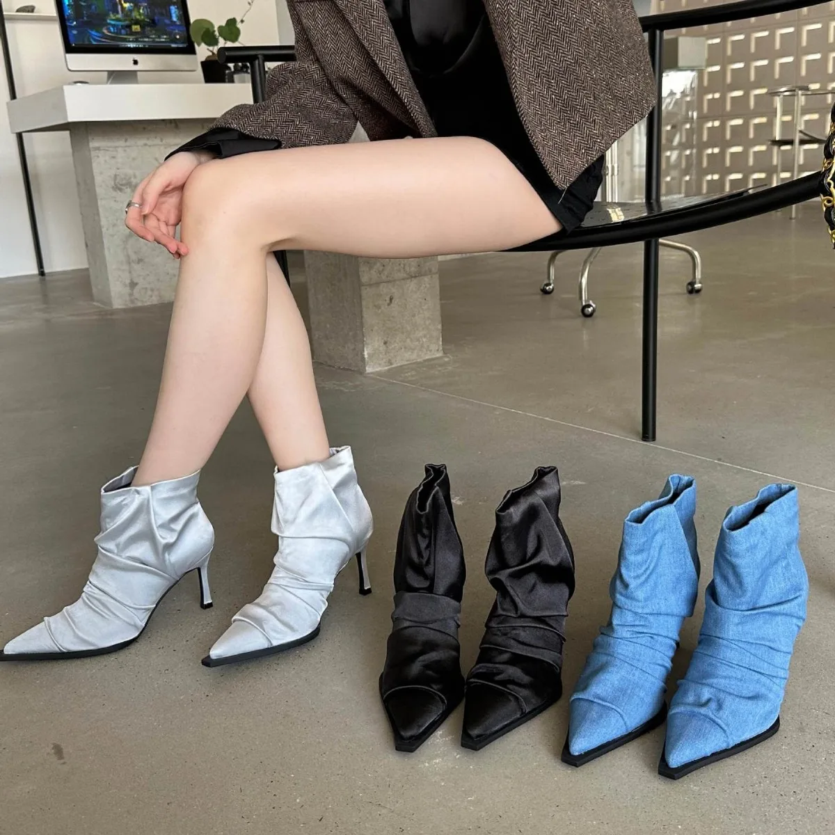 2024 New Denim Pleated Women Ankle Boots Women Autumn Winter Sexy Pointed Toe Thin Heels Women Shoes Zip Pumps Botas Mujer