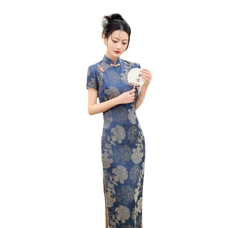 Retro สไตล์ชาติพันธุ์แขนสั้น Robe Qi Pao แบบดั้งเดิมวัยกลางคนผู้สูงอายุ Lady อารมณ์ Cheongsam