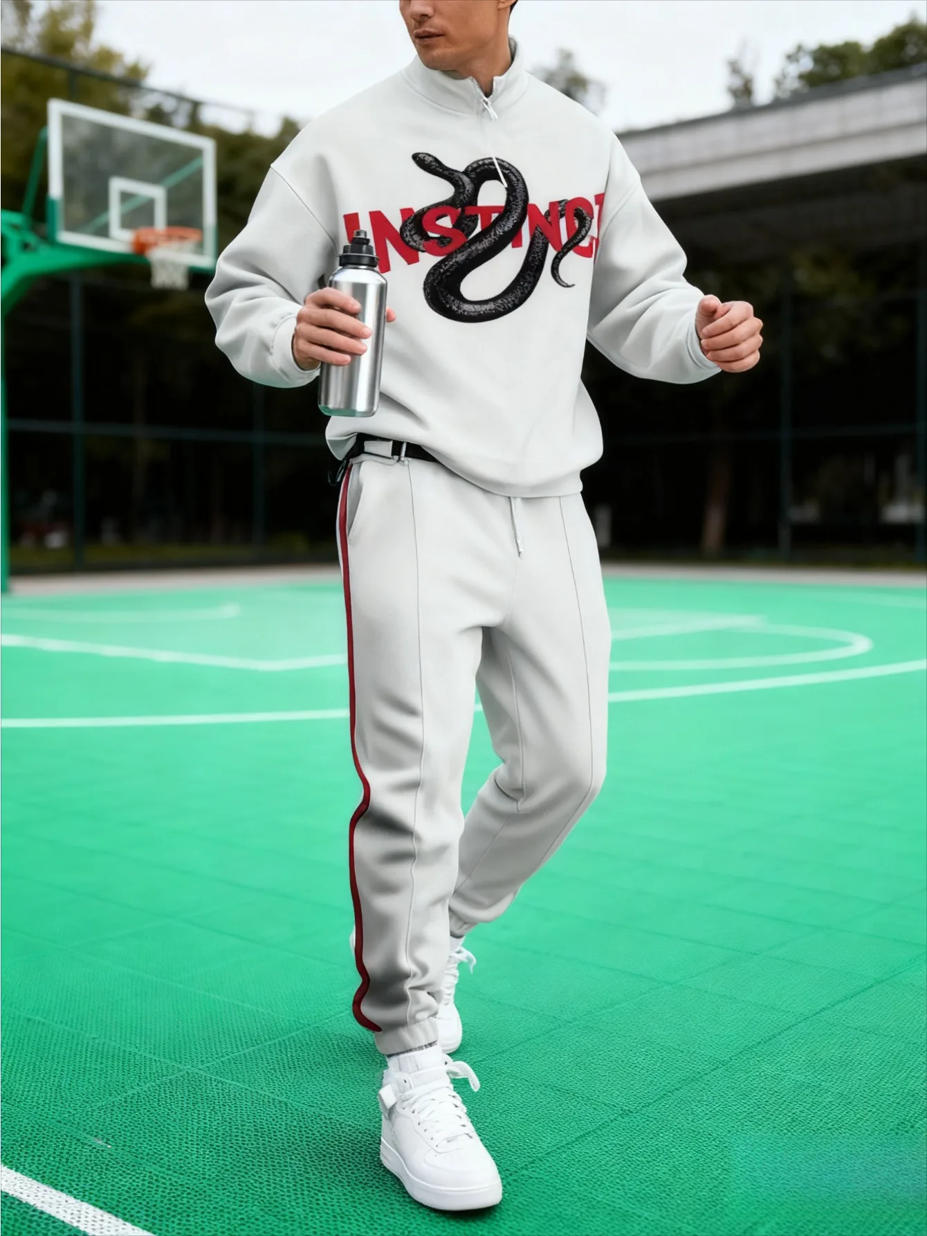 Conjunto deportivo con media cremallera y estampado digital para hombres europeos y americanos: tela de sudadera agradable para la piel de alta calidad