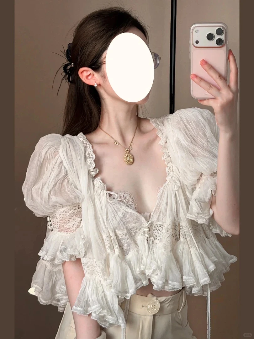 Cloud Delight 2026 Summer New Design Lace Splicing V-neck Open Cardigan Slimming Shorts Set Women's Fashion Two-piece Suit