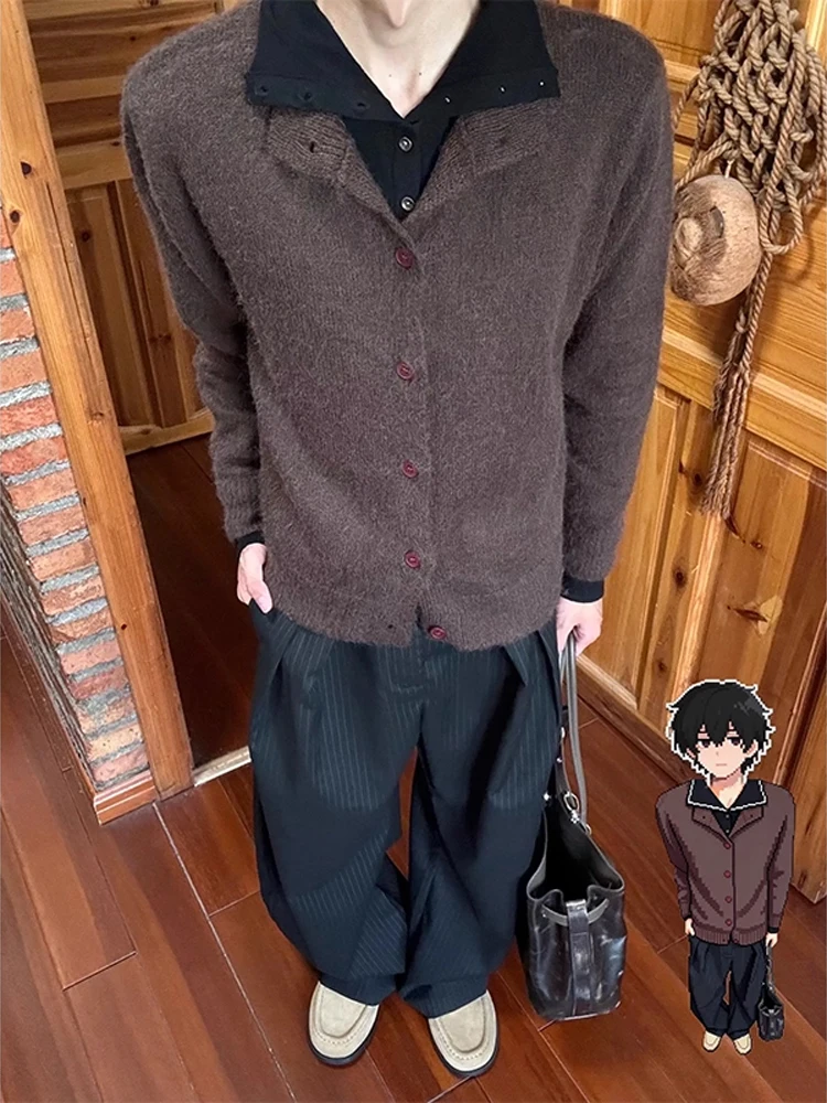 

Вязаный открытый кардиган в стиле ретро, мужской повседневный осенний сезон, универсальный свободный крой, длинный свитер на пуговицах, модный свитер Cleanfit