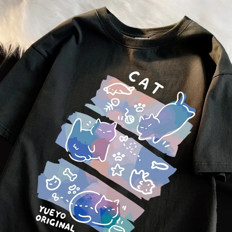 Diversão gato travesso impresso estilo japonês camisetas moda feminina respirável verão camisetas casuais roupas criativas