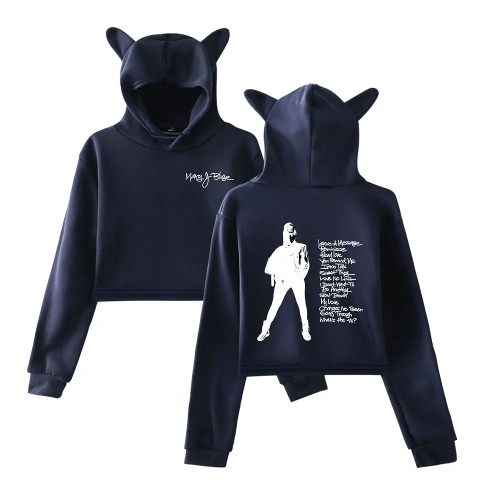 Mary J. Blige 2025 Merch moletom com capuz para meninas pulôver curto com orelha de gato roupas casuais