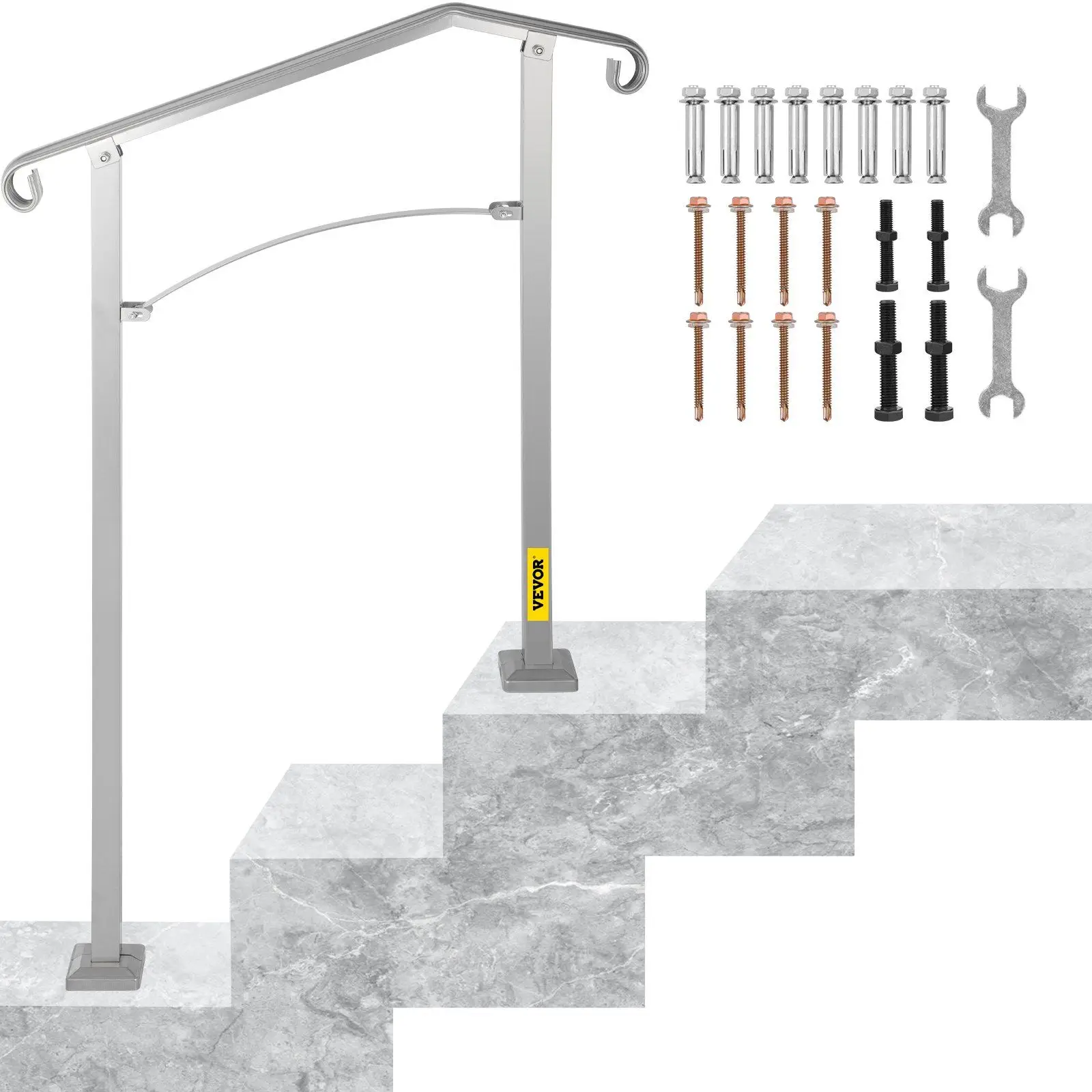 

Alloy Metal Outdoor Stair Railing – Fits 2-3 Steps, Flexible Transitional Handrail w/Installation Kit (Silver)