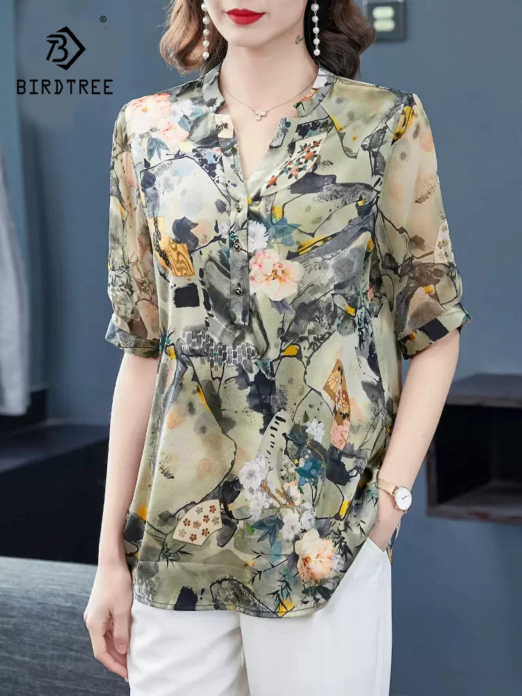 

BirdTree 89.4%Real Silk T-Shirt For Women, Short Sleeve Printed, Elegant Fashion OL Commute Loose Tops, 2024 Spring New T42224QC