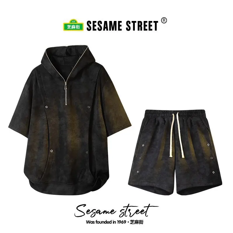 طقم شورت ثقيل نصف سحاب بأكمام قصيرة طقم اتجاه الصيف للرجال