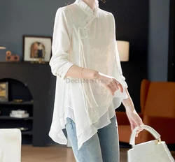Lente Zomer Chinese stijl disc-gesp opstaande kraag qipao top modieuze top vintage jacquard chiffon blouse met lange mouwen