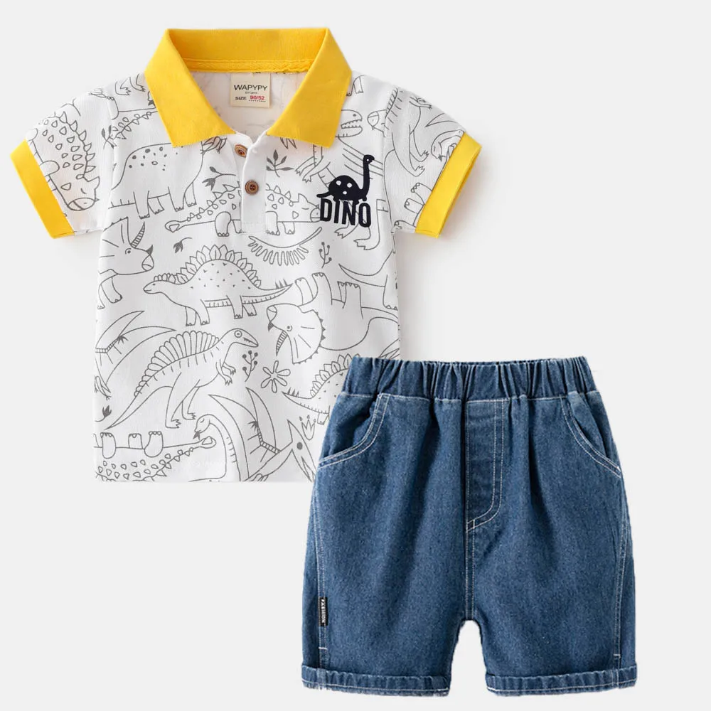 New Fashion Baby Outfit Set Dinosaur Printed Tees Clothing Children Summer Clothes Short Sleeved Polos with Denim Solid Shorts