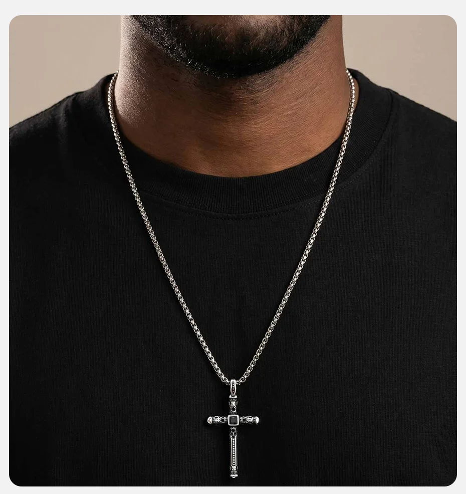Vnox Vintage Gothic Kreuz-Anhänger-Halskette für Herren, Edelstahl, schwarze Zirkon-Kastenkette, Punk, religiöses Amulett, Schmuck, Geschenk – Detail 2