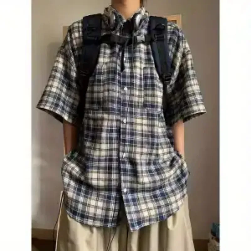 

Japanese Retro Plaid Short Sleeve Shirt Unisex Loose Casual Summer Blouse