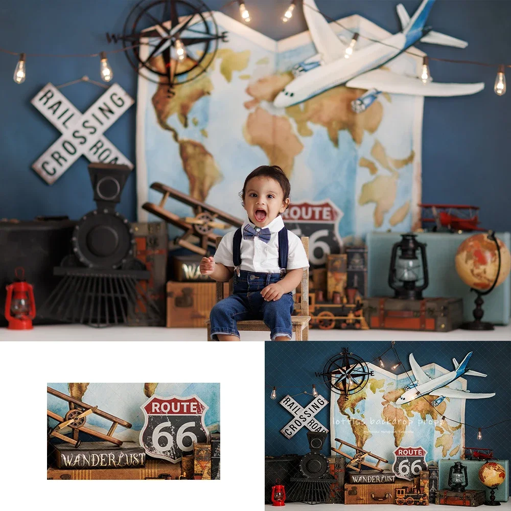 Worldwide Travelling Backdrops Kids Baby Photography Props Child Adult Photocall Adventure Plane Photo Background