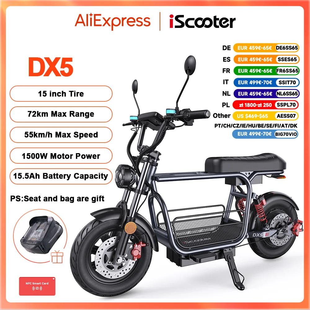 Trottinette électrique iScooter DX5 1500W 15.6Ah pour adultes, autonomie 72 km, trottinette 15'' avec NFC, vitesse 55 km/h