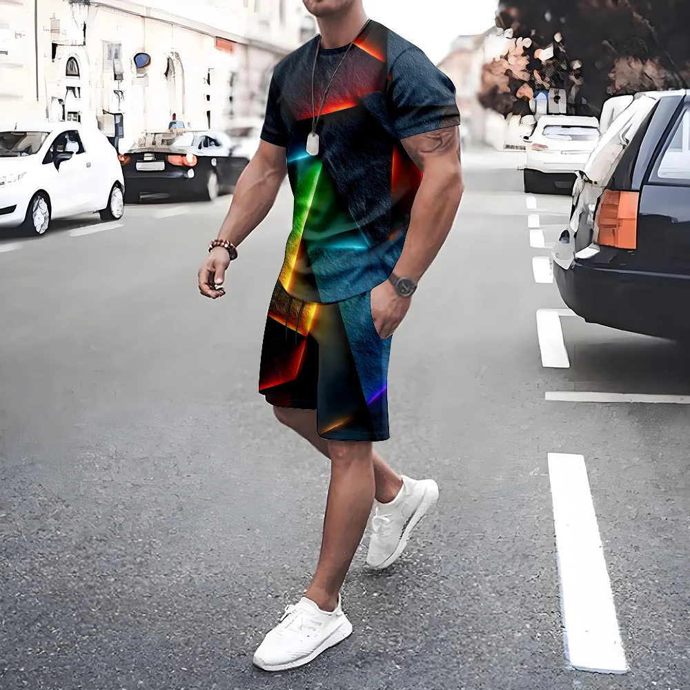 

Plus Size Irregular Geometric T-shirt Shorts 2-piece Set Quick Drying Loose Men's Drawstring T Shirts Short Sleeve Tee Summer