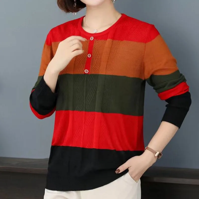 Fashion Contrast Color Striped Knitted Tops Women\'s Clothing Autumn Winter Casual Lady Button Spliced Round Neck Vintage Sweater