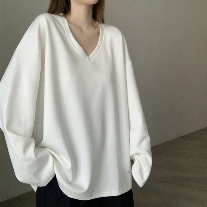 

Women Oversized V-Neck Long Sleeve T-Shirt Korean Style Loose Casual Tee Spring Autumn Solid Color Lazy Style Basic Tops