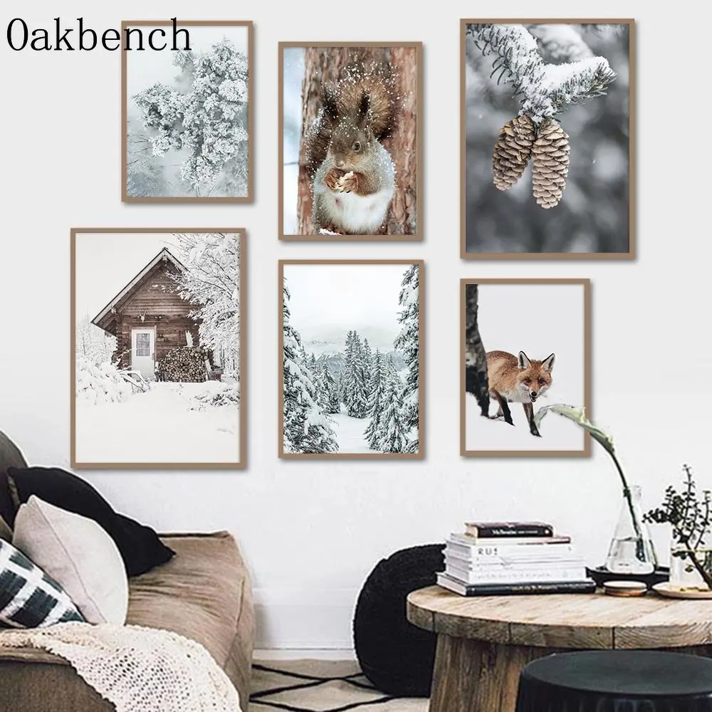 Winter View Wall Paintings Snow Forest Art Prints Elk Squirrel Canvas Poster Hazelnut Print Pictures Nordic Posters Home Decor