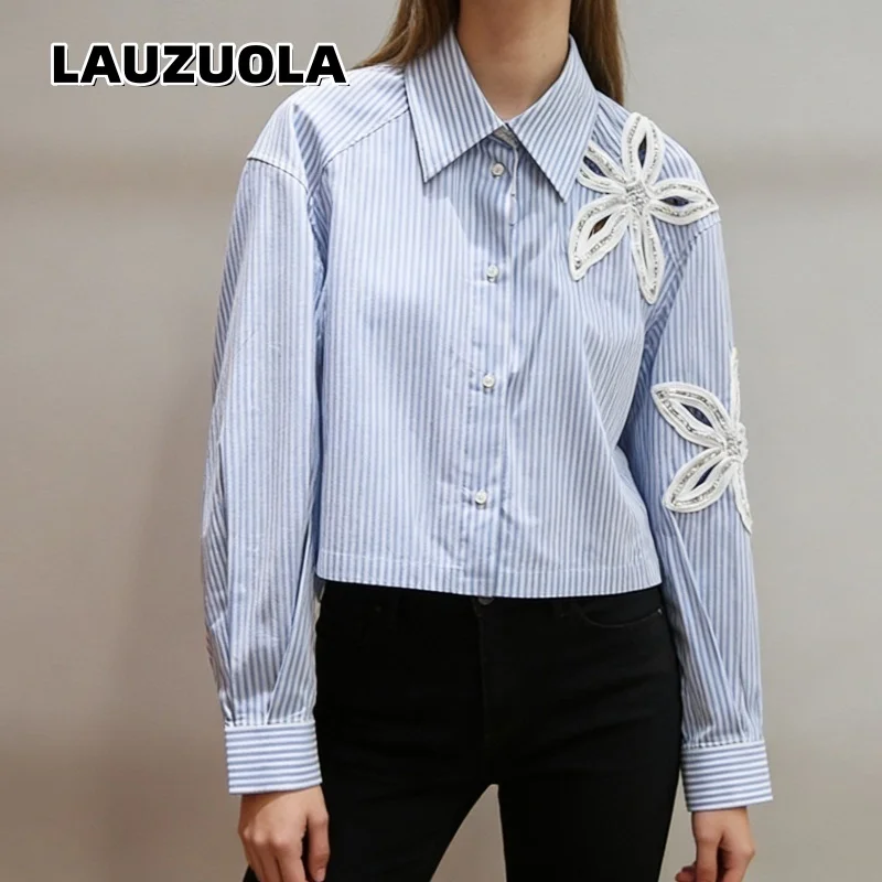 Women Striped Shirt Embroidered Flower Long Sleeve Turn Down Collar Blouse Casual Loose Crop Top Fashion Streetwear Women's Tops