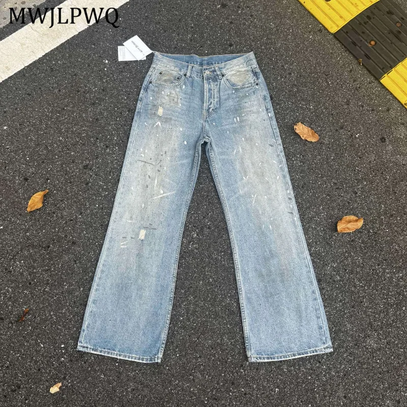 

MWJLPWQ High Street слегка расклешенные окрашенные широкие джинсы мужские хип-хоп со средней талией светло-голубые свободные повседневные брюки унисекс новые 11547