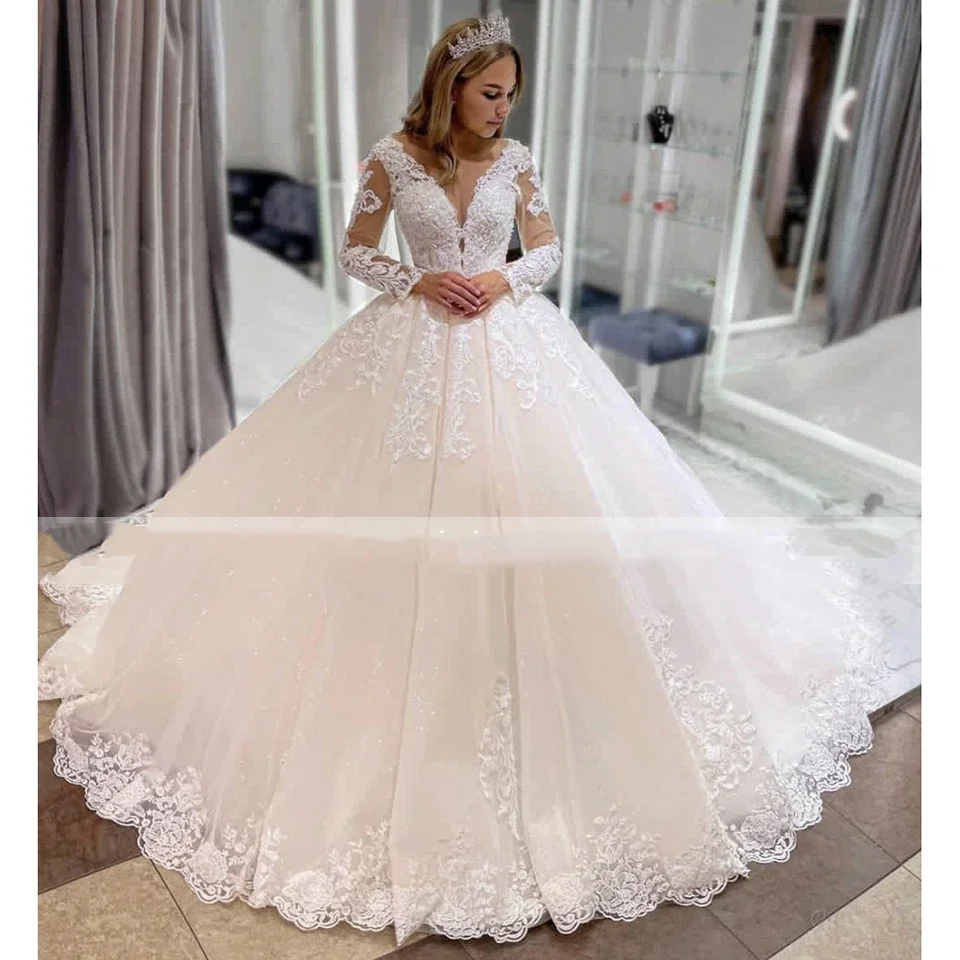 

Customized Lace Appliques Full Sleeves Wedding Dresses Ladies Ball Gown Sweep Train Lace Up Princess Bridal vestido de novia