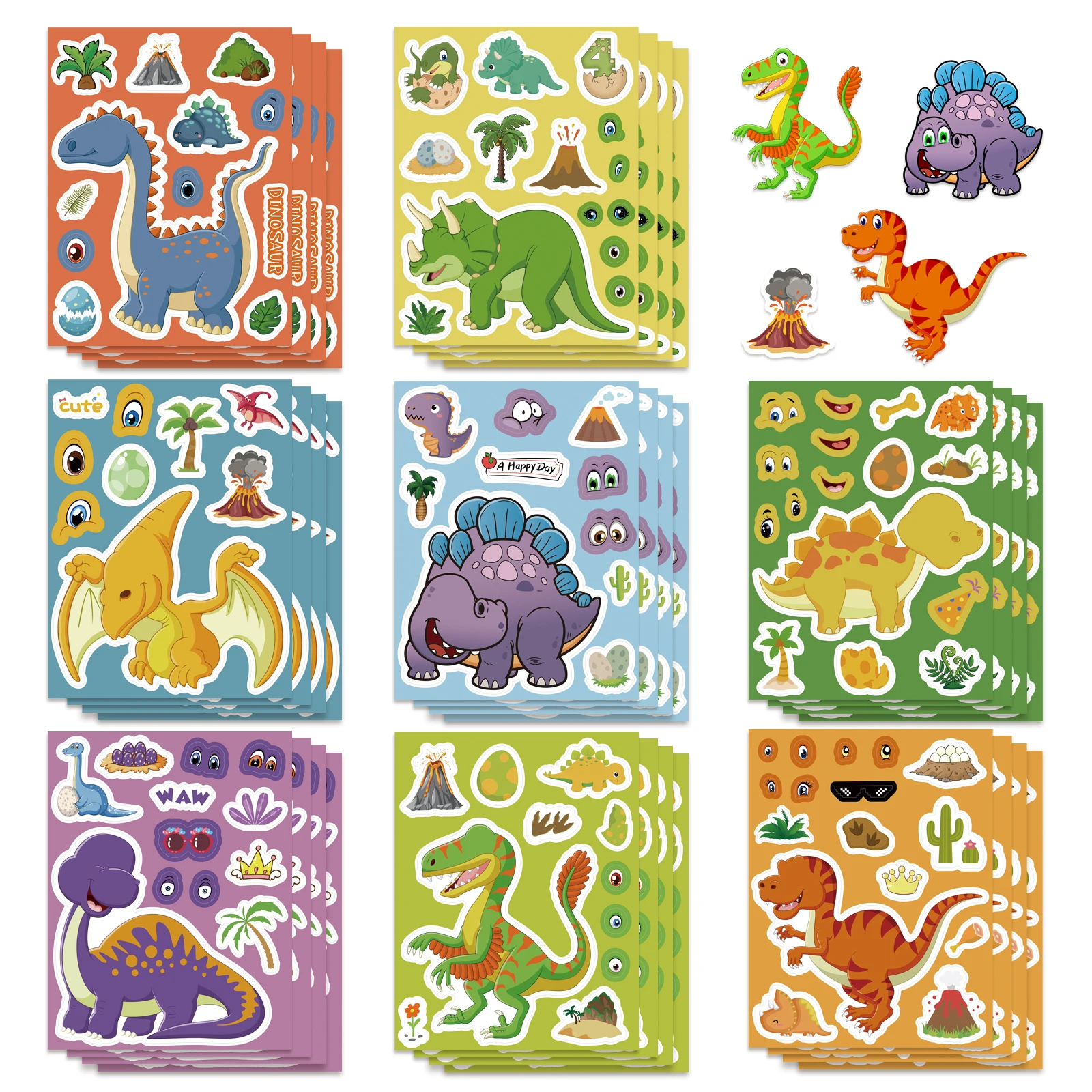 8/16 Blatt Kreative Dinosaurier-Cartoon-Collage-Aufkleber DIY-Spiel-Sticker Tier-Bastel-Aufkleber für Laptop und Skateboard Klassisches Kinderspielzeug