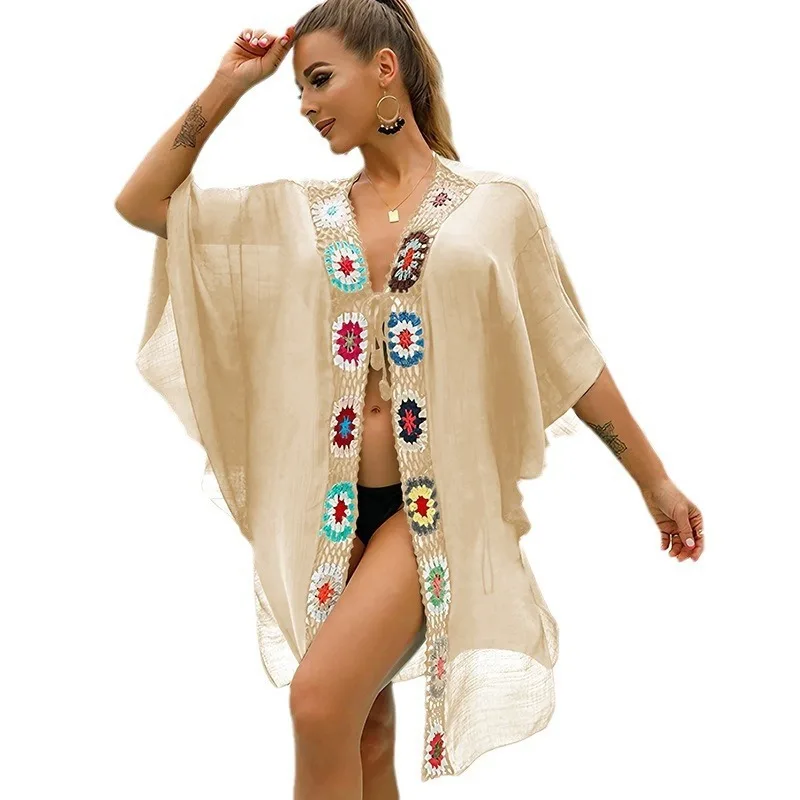 Kombinezon damski z dekoltem w kształcie litery V, kombinezon plażowy z kwiatowym splotem, jeden rozmiar pasuje do wszystkich, koszula z ochroną przeciwsłoneczną ze średnim rękawem