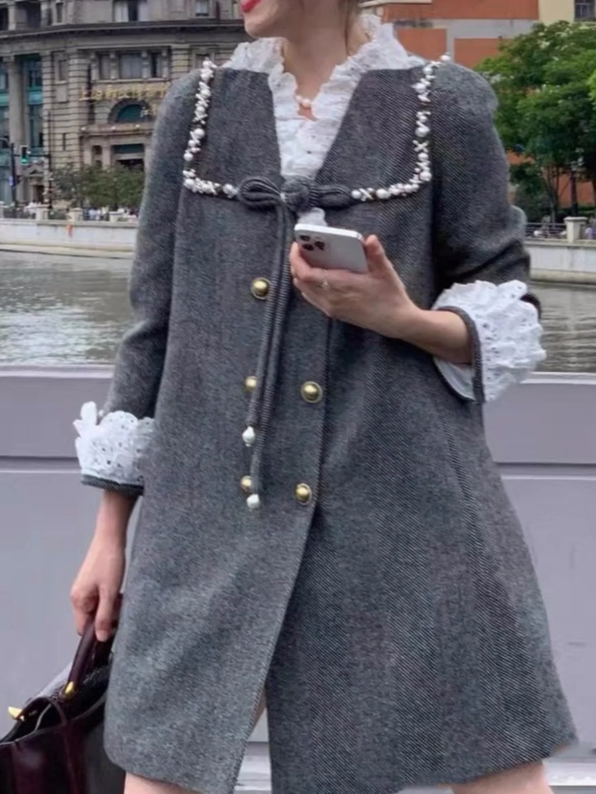 

Твидовое пальто с кружевной отделкой, корейский стиль, приталенный крой, для повседневной носки, с длинными рукавами, на пуговицах