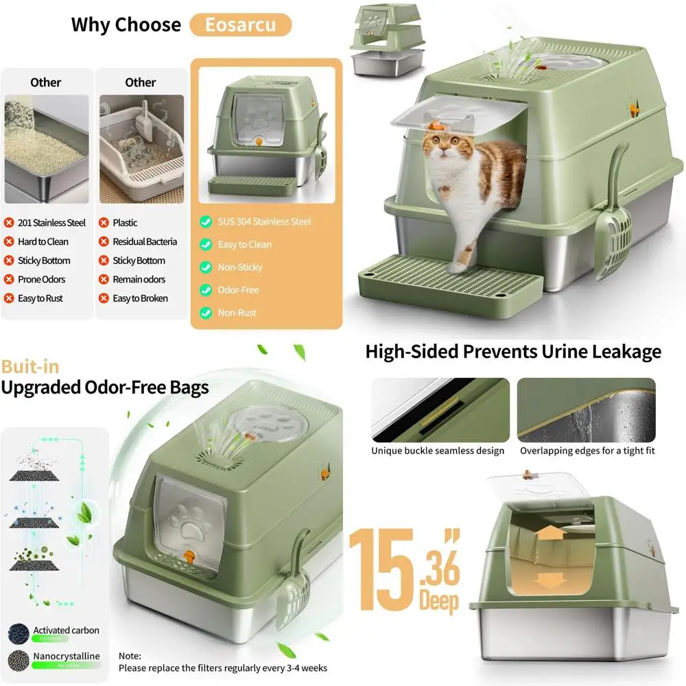 

Очень большой закрытый лоток для кошек с съемной крышкой, угольными фильтрами, контролем запаха, легкой очисткой, защитой от протеканий для крупных кошек - серый