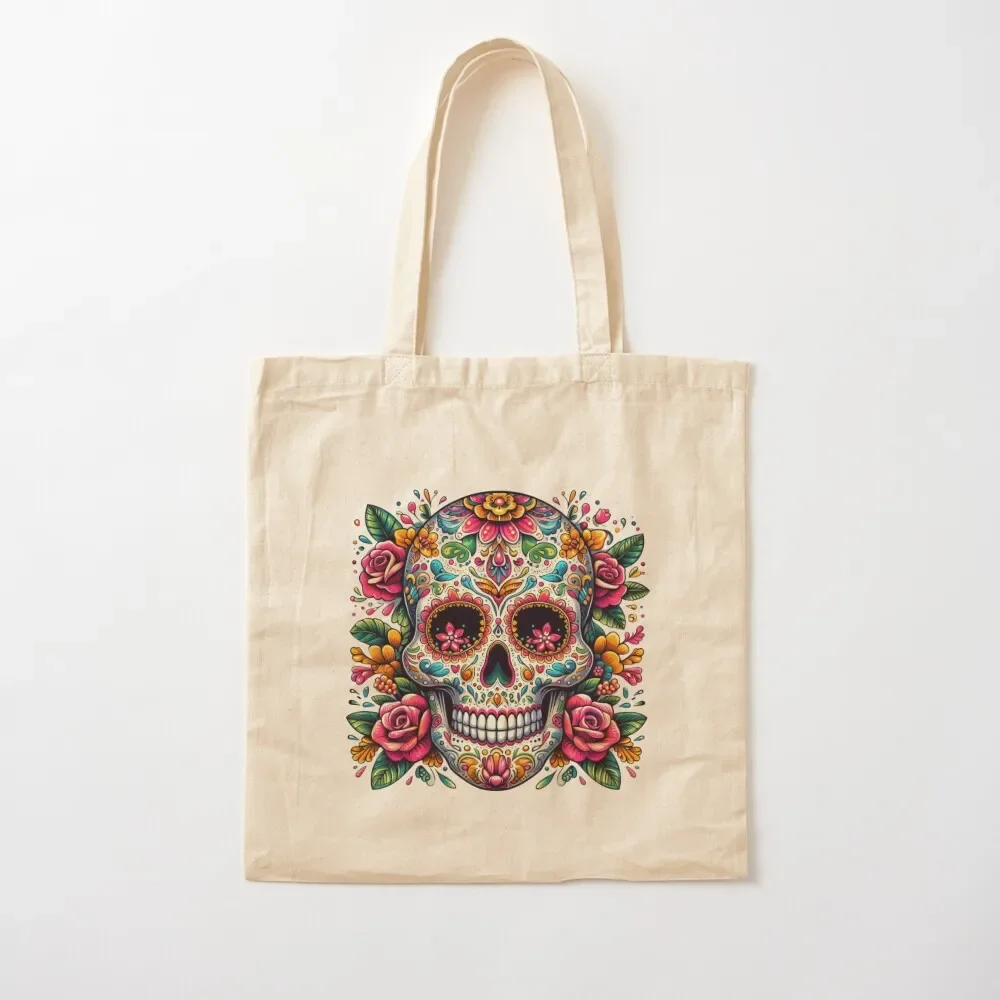 

Vibrant Sugar Skull with Roses Tote Bag university shopper bag shopper bag women canvas