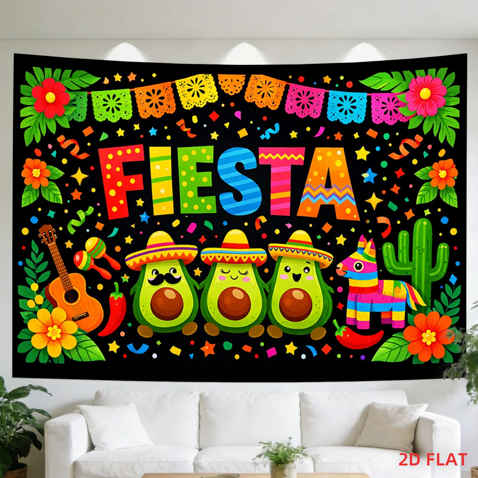 Fiesta Tapestry, Mexican Party Wall Hanging, Funny Avocado & Pinata Art Dorm Decor, Colorful Summer Bedroom Blanket