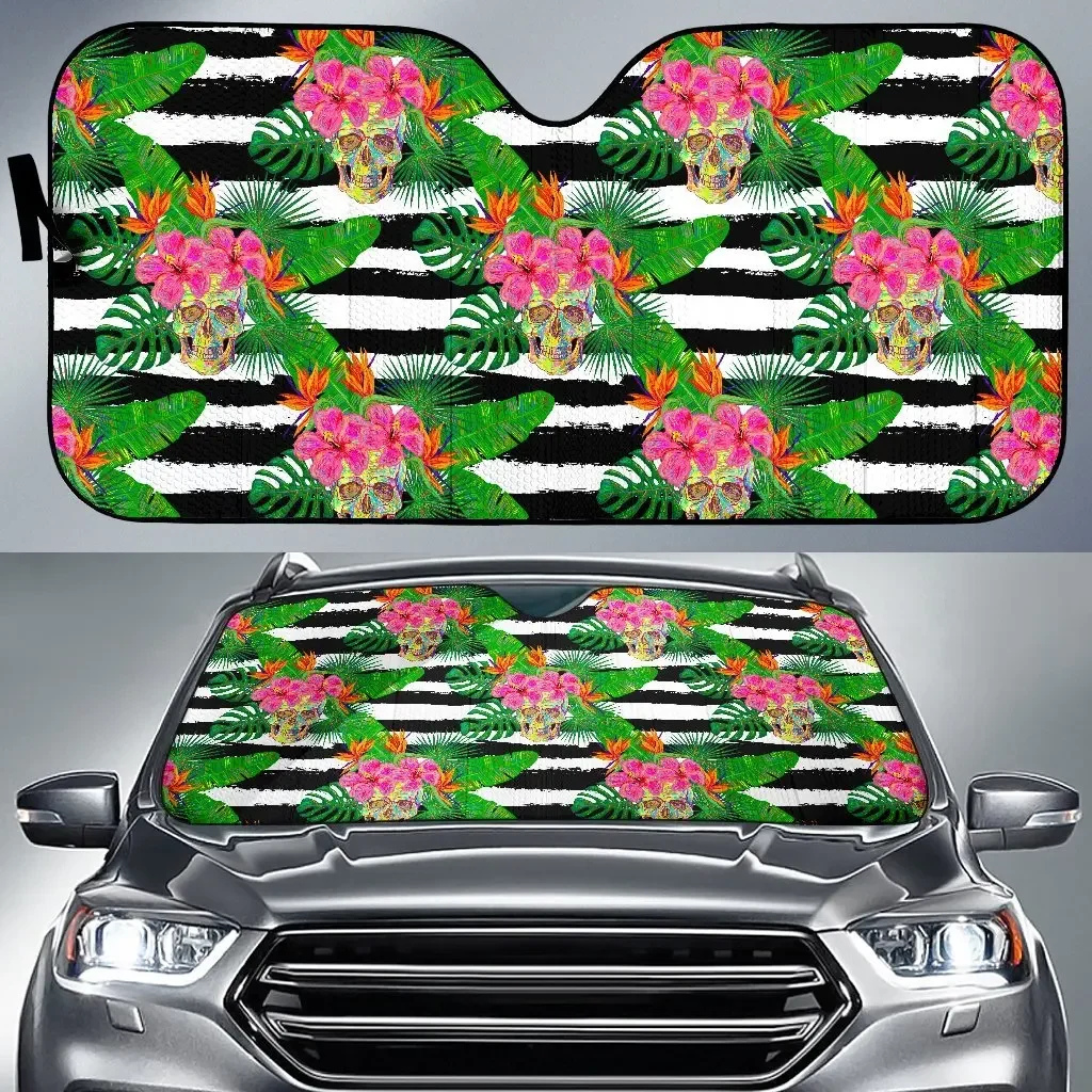 Aloha Skull Striped Pattern Car Sun Shade Windshield Set of 2 Sunshade for Car Windshield UV Sun Car Sunshade 2023