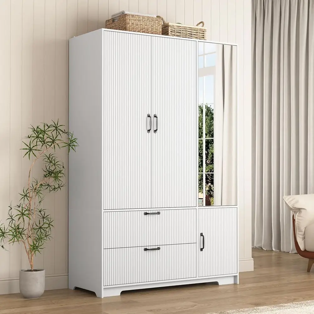 

68.5 Standing Wooden 3-Door Wardrobe with Mirror, Storage Cabinet, Adjustable Shelves, and Hanging Rod for Bedroom (White)
