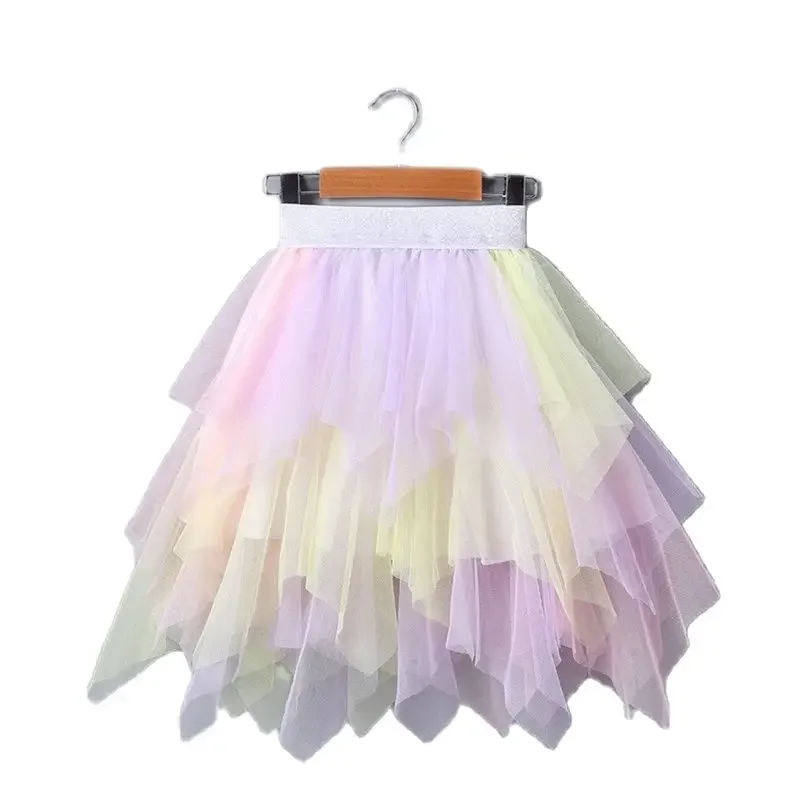 3-12Yrs Gauze Girls Skirts 2023 Rainbow Irregular Skirt Children\'s Bottomst Girl Tutu Princess Dance Skirt Mother Child Skirt