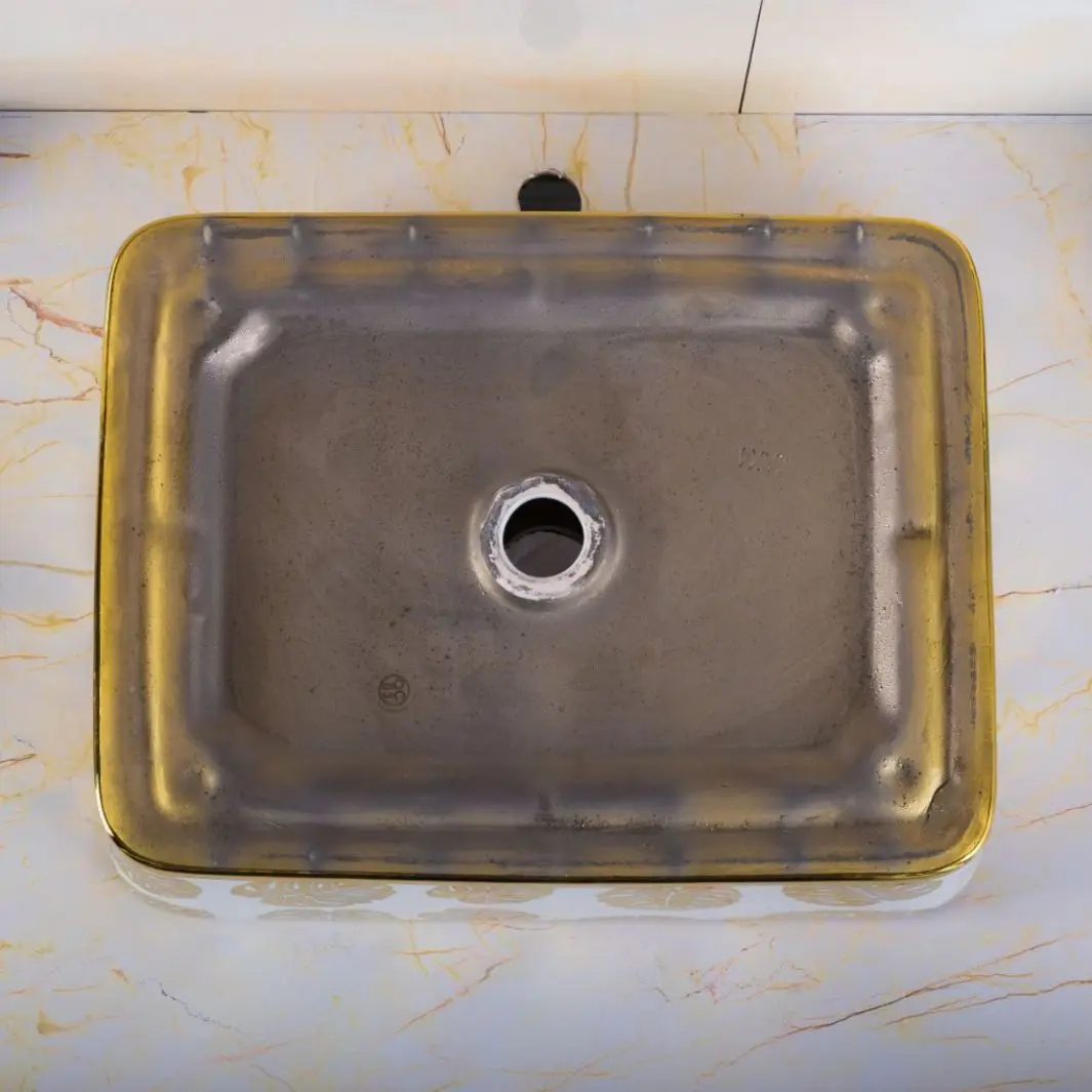 Platform basin electroplated vegetable basin ceramic hand wash square face wash golden leaf flower art basin