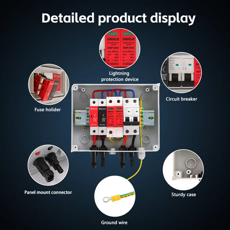 Solar photovoltaic PV Combiner Box With Lightning Protection 1-input 1-out DC 600V Fuse MCB SPD Waterproof string Box IP65