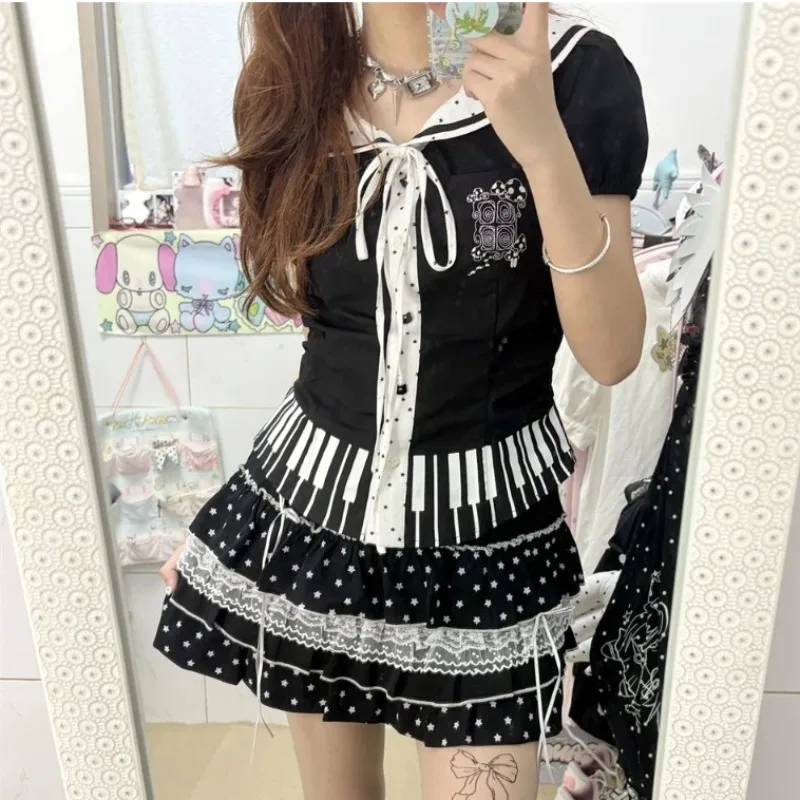 

Women's T-Shirt Japanese Design Sweet Cute Summer New Black Embroidered Navy Collar Button Decoration Age-Reducing T-shirts Girl