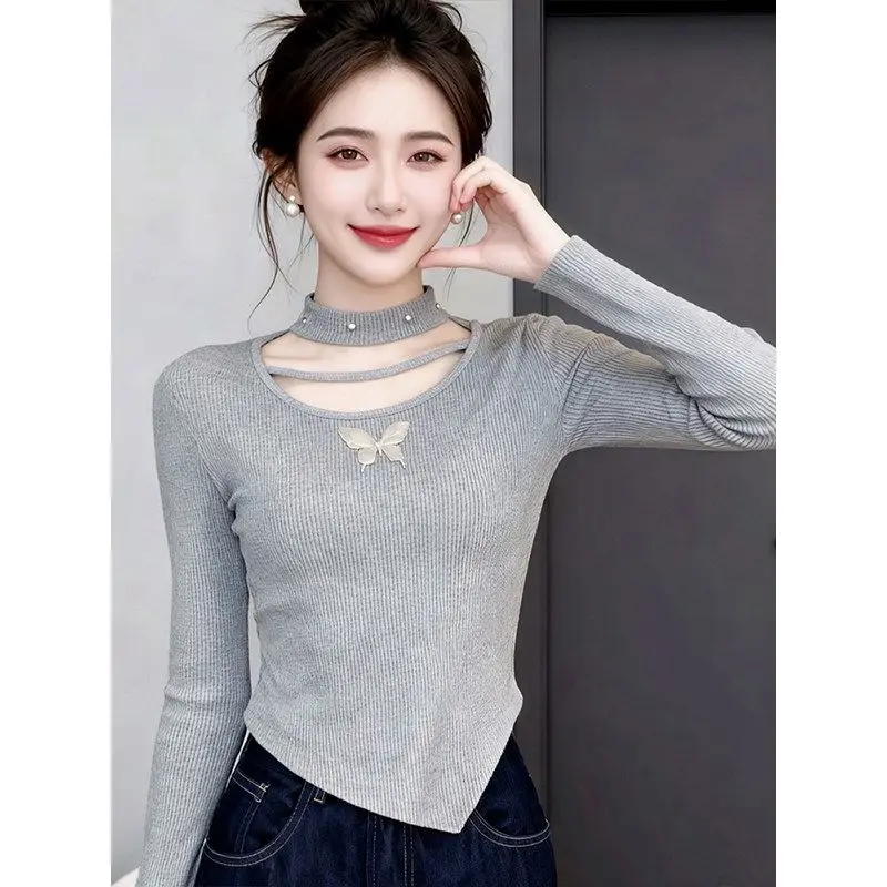 

Rivet Halter Long Sleeve T-shirt 2026 Women Spring Autumn Slim-fit Blouse Tops Female Fashion Irregularity T-shirt Base Shirt