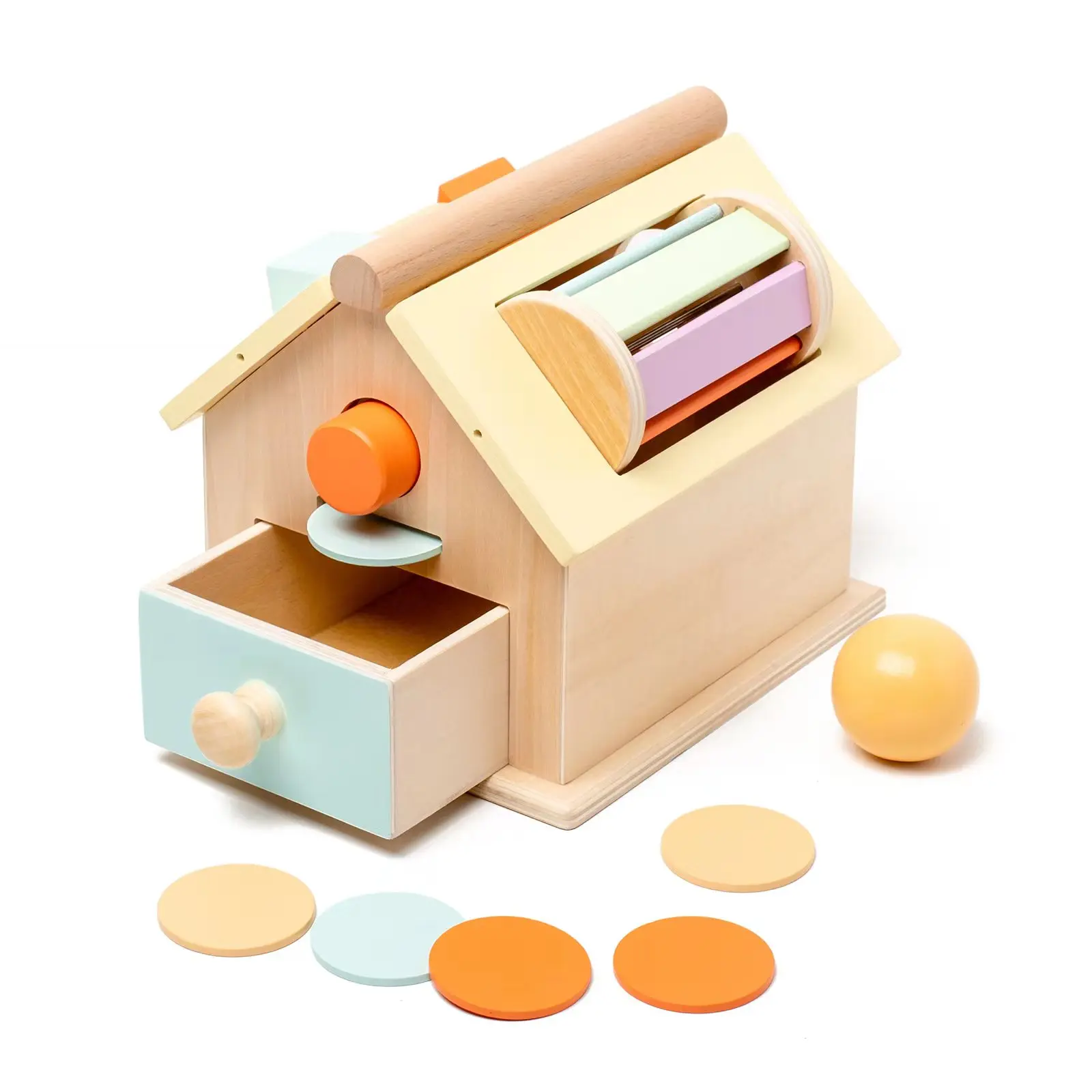 2023 Montessori Object Permanence Box Wooden Toy Tray and Ball Drop ,Spinning Drum,Infant Coin