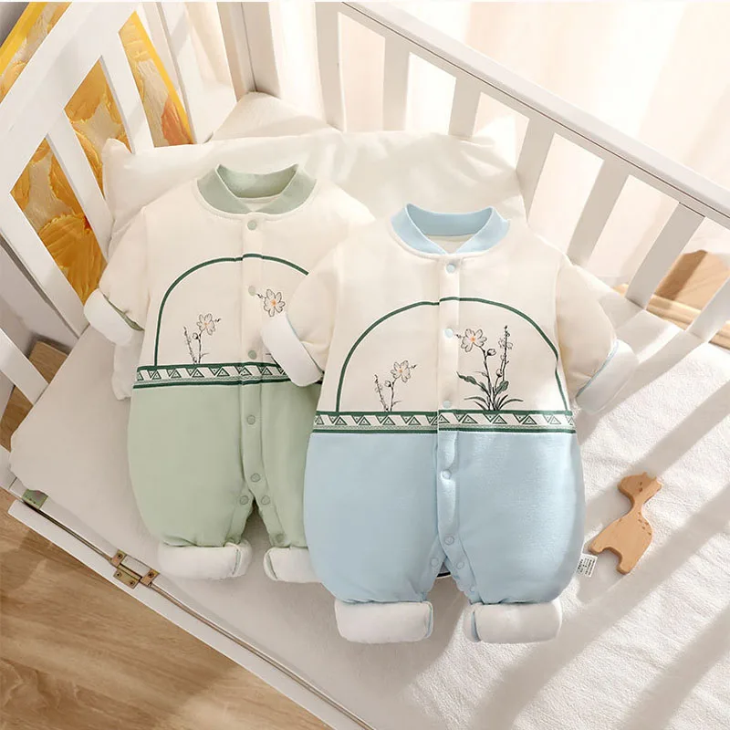 Baby 100% Cotton Thicken Jumpsuit Baby Round neck Button Windproof Cuff Rompers Soft Comfortable Outwear for Boys Girls 0-18M