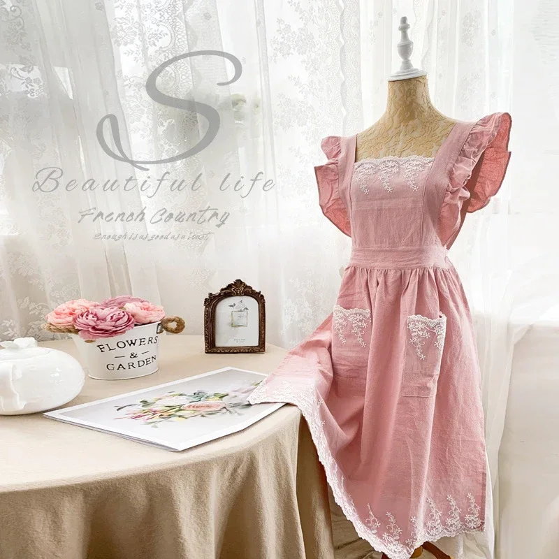 Female Women Apron Cotton Linen Aprons Dress Garden Cafe Kitchen Cooking Florist Palace Style Vintage Fashion Dress Aproning