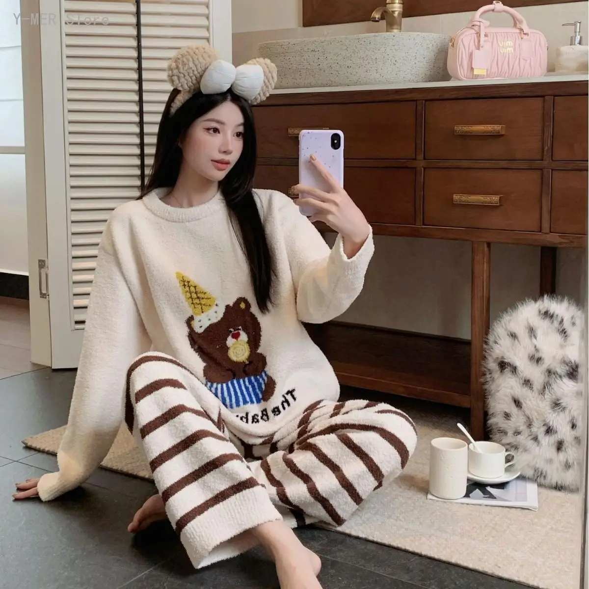 Women Winter Sweet Cartoon Half Sided Fleece Pajama Set Thick Warm Fuzzy Long Sleeve Long Pants Soft Casual Sleepwear