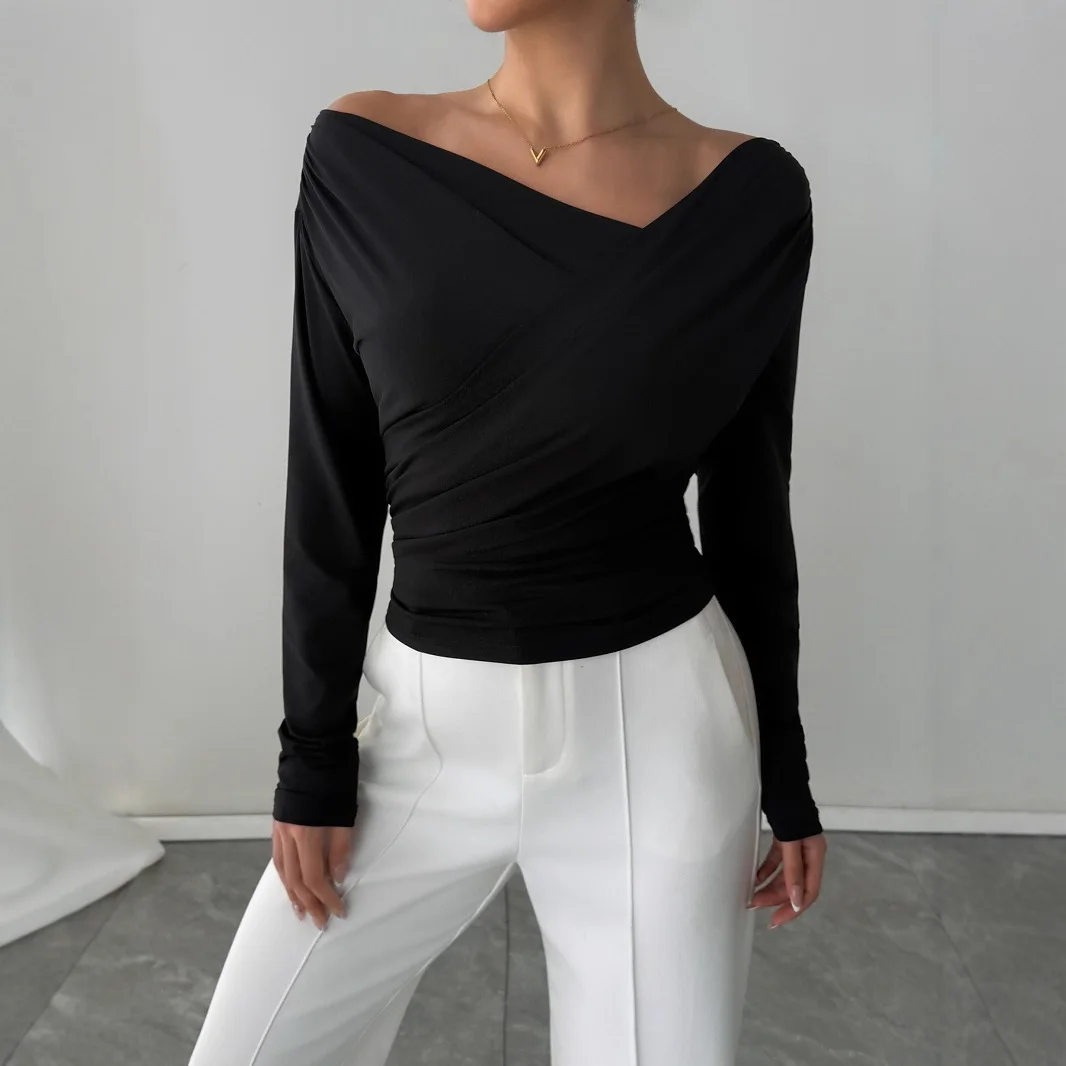 

Autumn New Multi-Layered Slash Neck Women T-Shirts Slim Top Elegant Design Long Sleeve Shirts Women Patchwork Black Tee Tops