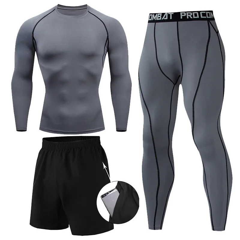 Ensemble de survêtement de boxe à manches longues et leggings pour homme, vêtements de compression MMA, kit Rashguard, sport imbibé, 2 pièces, 3