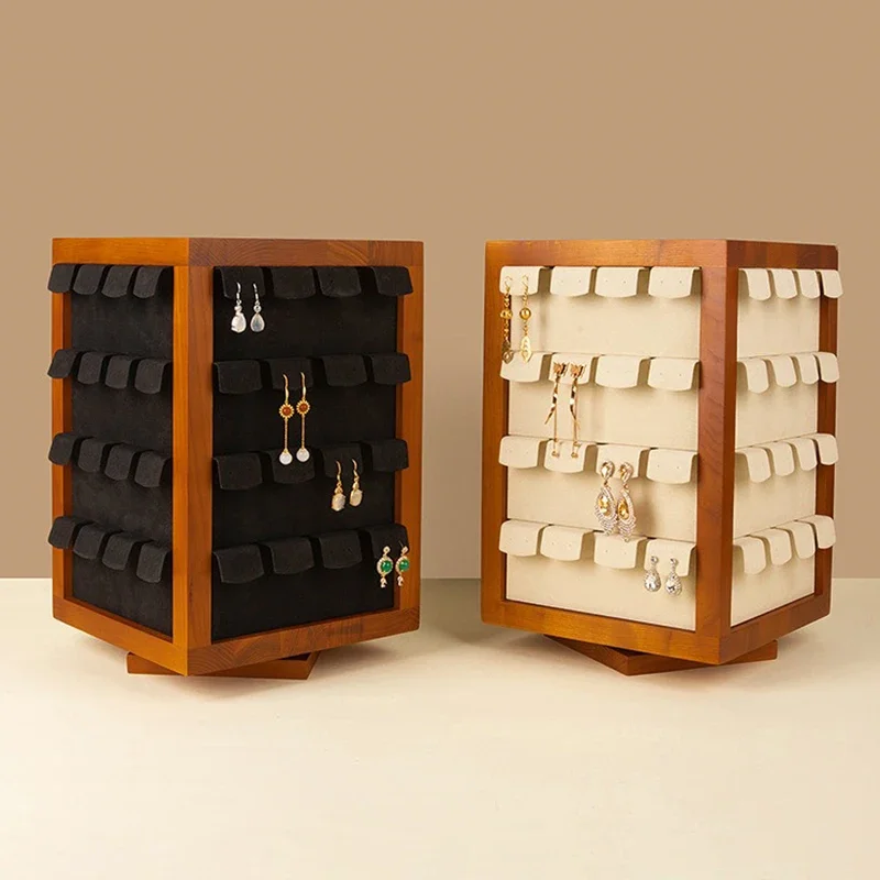 Solid Wood Square Rotating Display Stand Earring Organizer Card Ear Studs Storage Live Broadcast Rotating Base Exhibition Holder