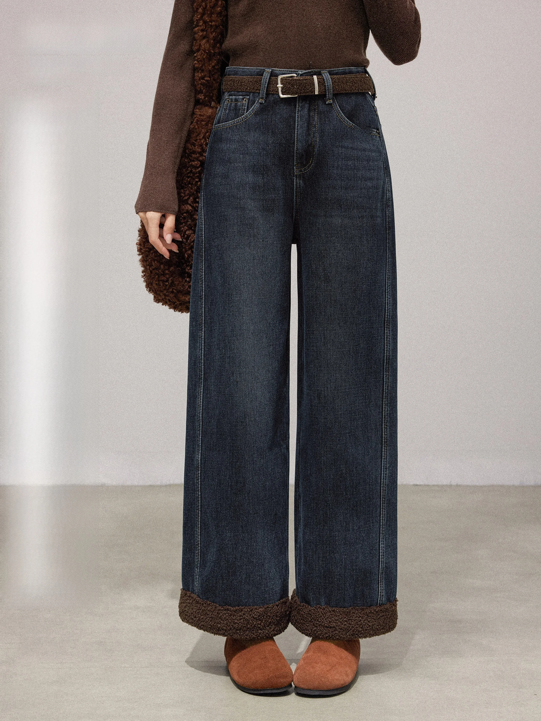 

Женские джинсы с высокой талией, утепленные, прямого кроя, осенне-зимние, повседневные, свободные, широкие брюки, универсальные джинсы с высокой талией