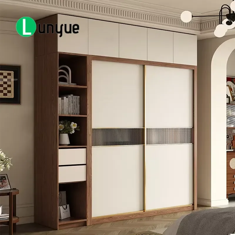 Nordic Modern Solid Wood Sliding Door Wardrobe Grade Oak Walnut Color Bedroom Home Furniture Storage Cabinet