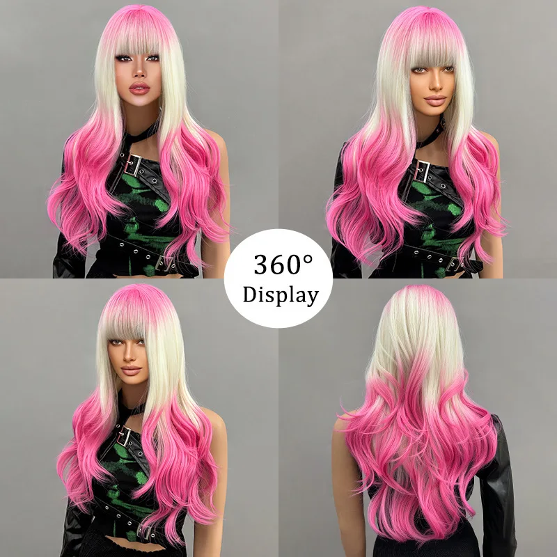 Wig full hair long curly layered wig with bangs synthetic cosplay gradual change beige pink wig woman